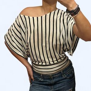 White Off the Shoulder Stripe Top!